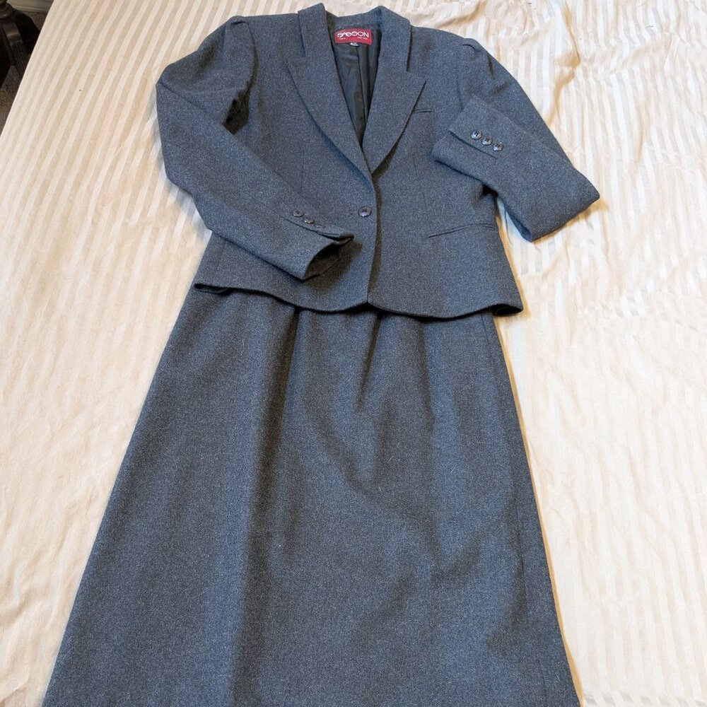 90s Vintage Sasson Designer Skirt Suit - Charcoal Wool Blend, Two-Piece